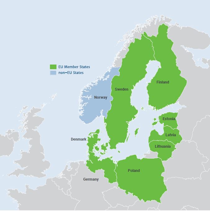 In der Karte sind die im Text genannten, förderfähigen Gebiete des Programms Ostseeraum lila hervorgehoben.